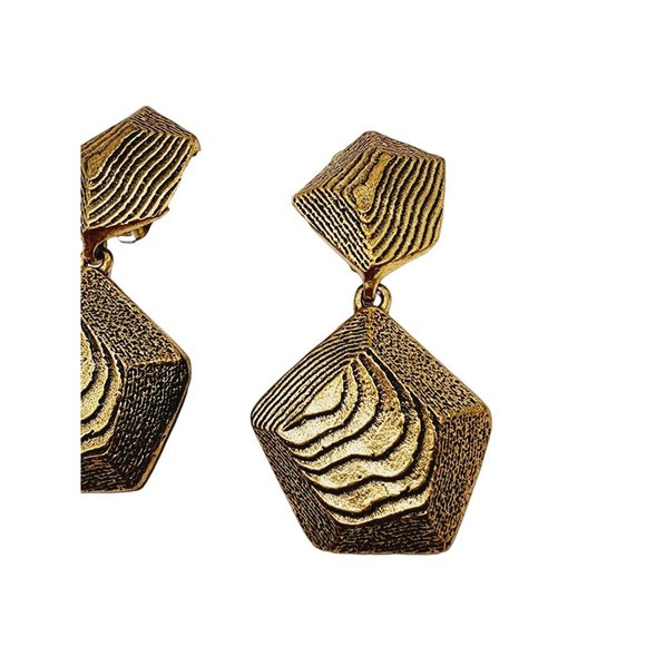 Vintage Rare Signed Oscar De la Renta Gold Tree Bark Earrings (A1278) - Picture 2 of 5